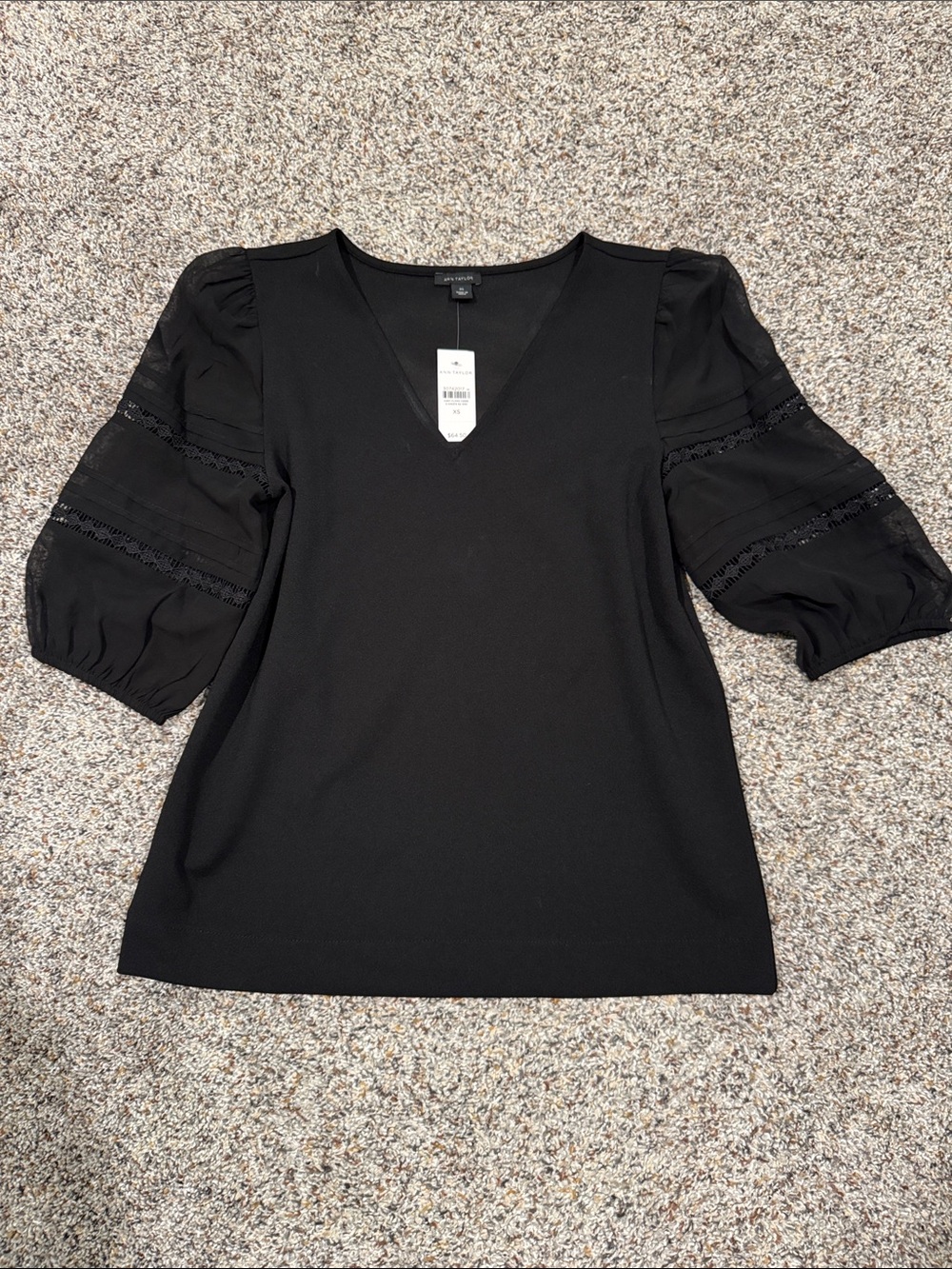 Ann Taylor Black V-Neck Puff Sleeve Blouse